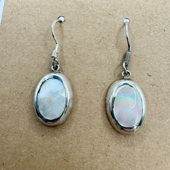 Vintage Mexican Sterling Silver Oval Mother Of Pearl Inlay Dangle Drop Earrings - Picture 5 of 14
